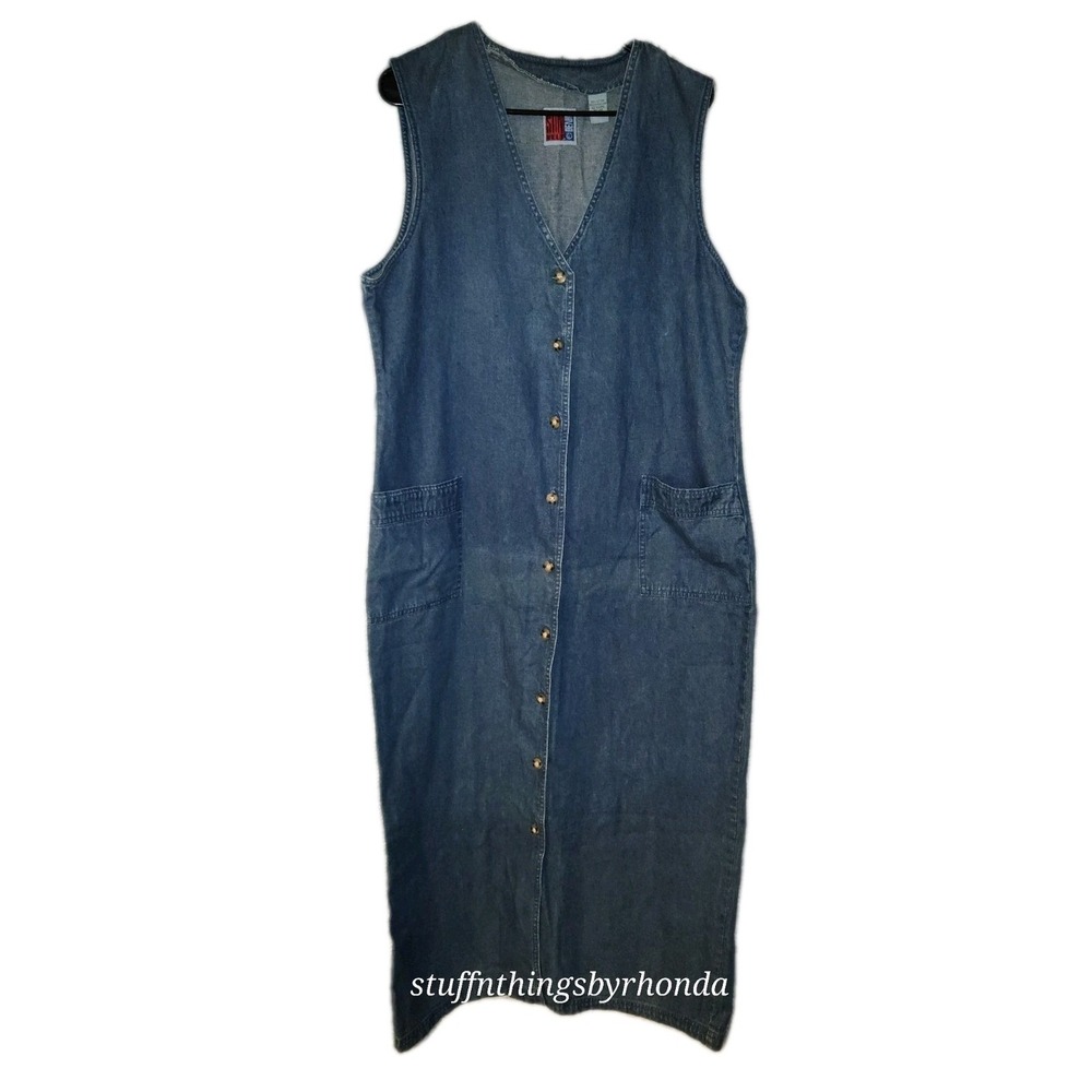 Vtg 90s Style Sun Belt Denim Midi/Maxi Dress Retro Sleeveless Button Down Large